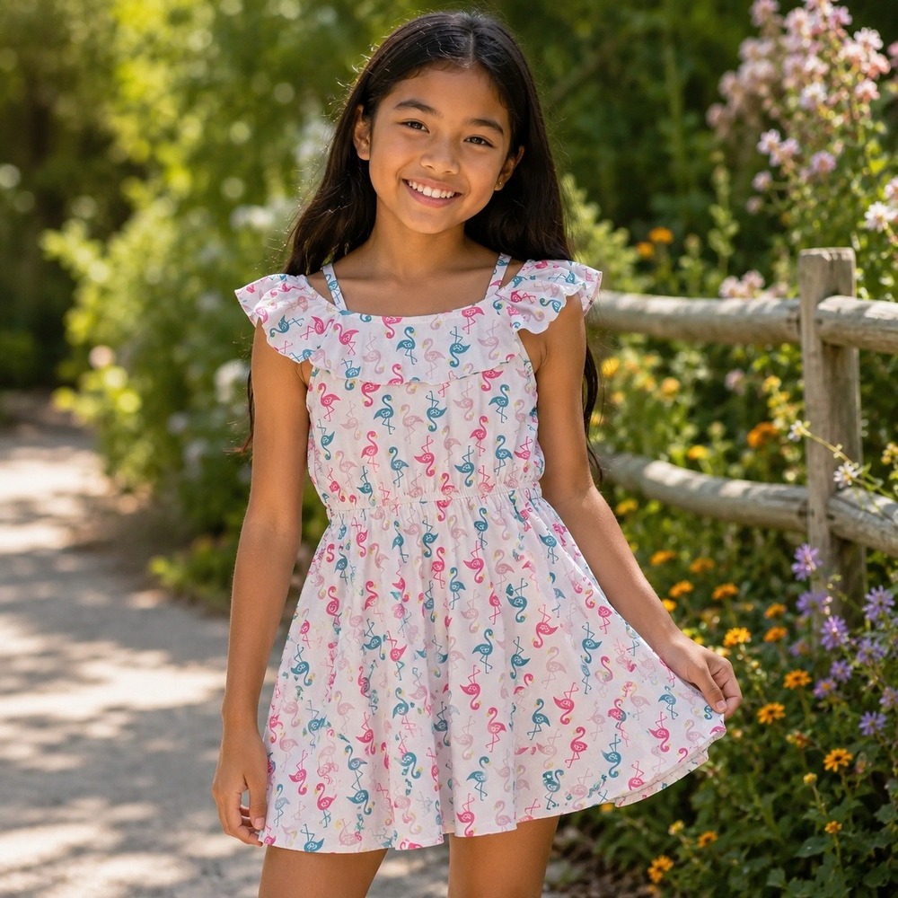 Extremely‎ Me Girls 10/12 Flamingo Print Off Shoulder Summer Dress